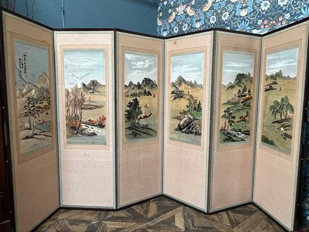 中国屏風 刺繍 雲林山房一修 四季山水 インテリア アンティーク