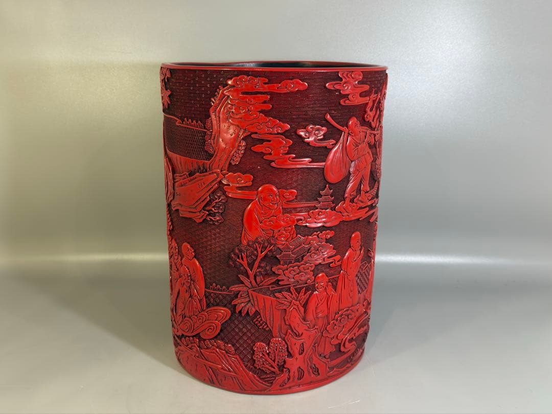 中国 堆朱 刻人物 筒 文房四宝