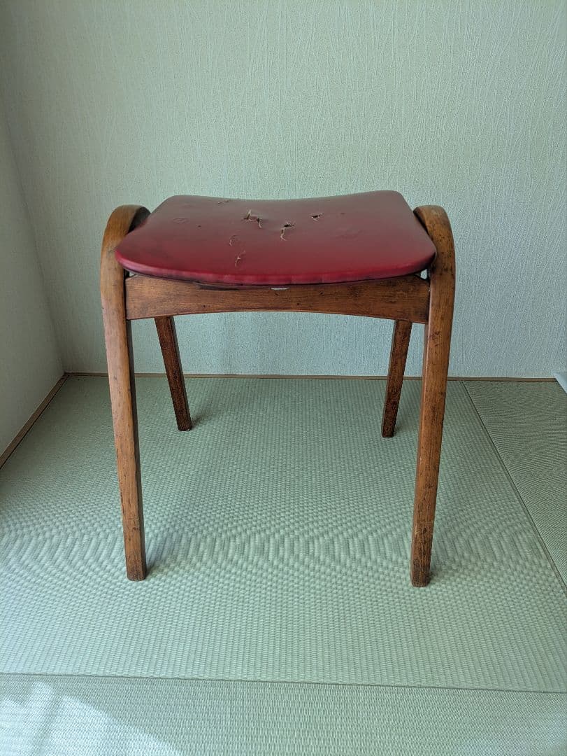 【秋田木工】木製 曲木 スツール 黒白幾何学模様 座面張り替え ハンドメイド