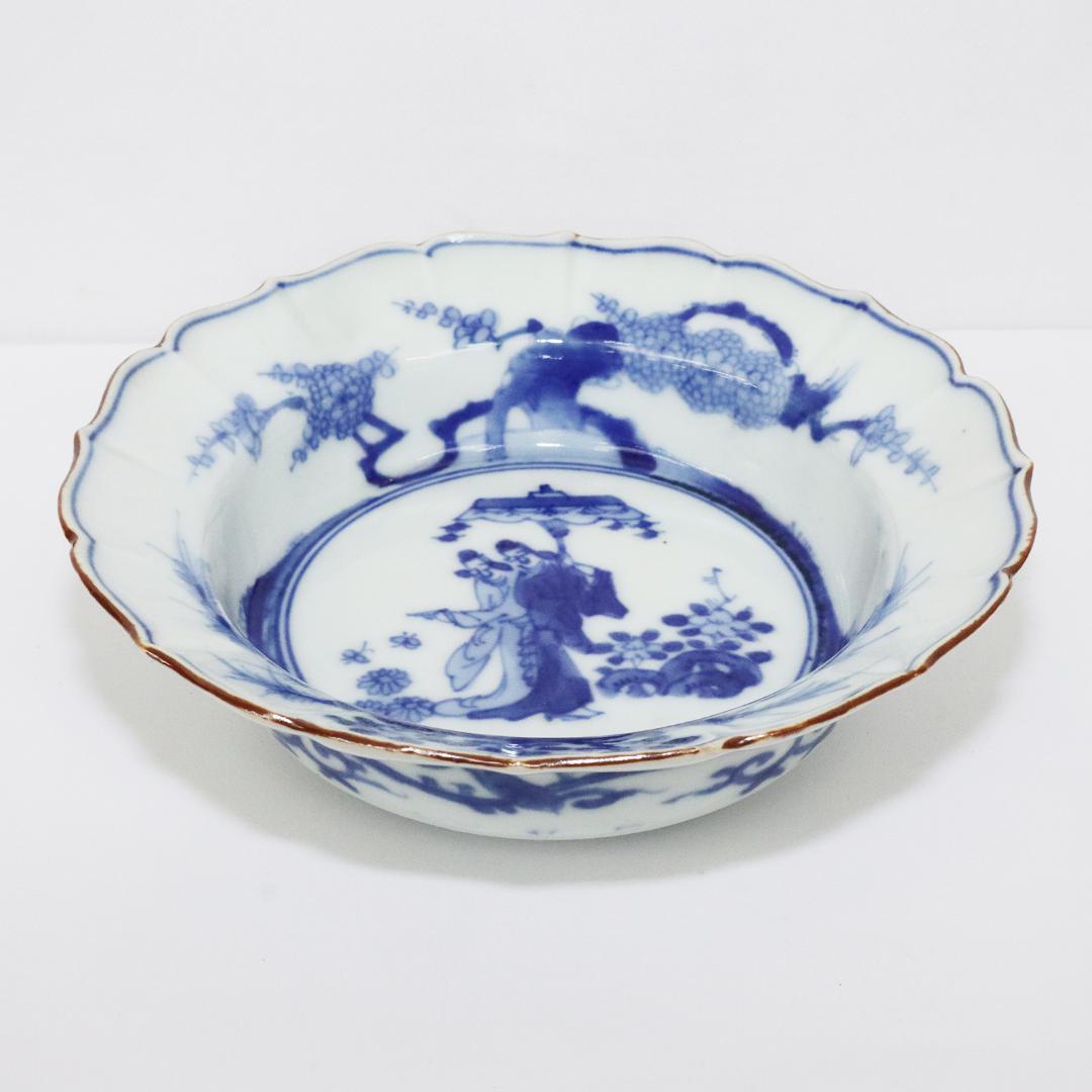 藍模様 輪花膾　古伊万里　角福　5客 賢人図 中皿