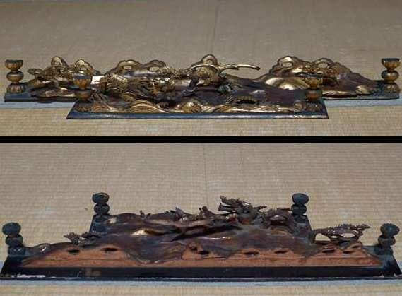 江戸末期一刀彫り高浮彫『渓流龍人物風景図』 木造彩漆金箔張る 欄間飾り立体木彫