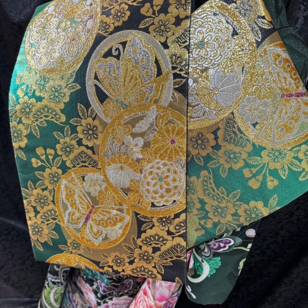 美品　薔薇　蝶　深緑　金彩　刺繍　ラメ　落款　逸品　フルセット　振袖　振り袖