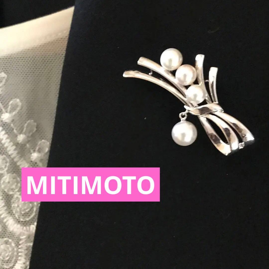 本日限定お値下げ【揺れるパール♡】ミキモト SVリボンモチーフ パール ブローチ