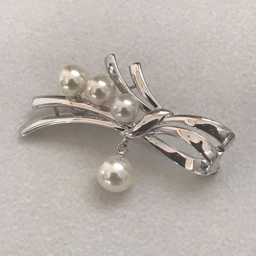本日限定お値下げ【揺れるパール♡】ミキモト SVリボンモチーフ パール ブローチ