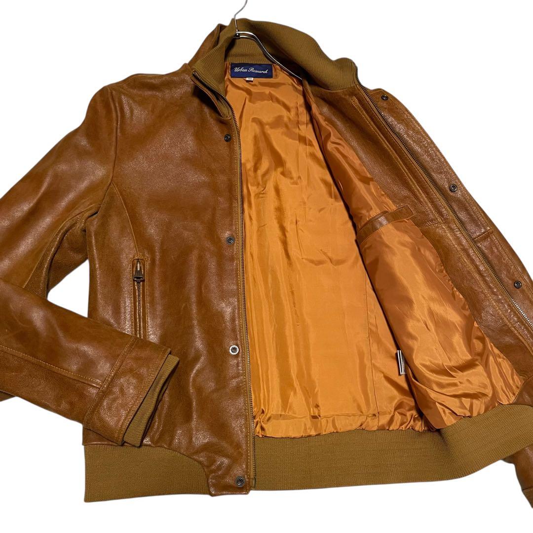 【アーバンリサーチ】山羊革 本革ゴートレザーライダースジャケット リブ切替 茶M