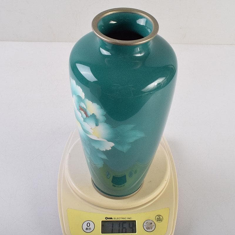 七宝焼　緑釉　花文　花瓶　共箱　V　R9334