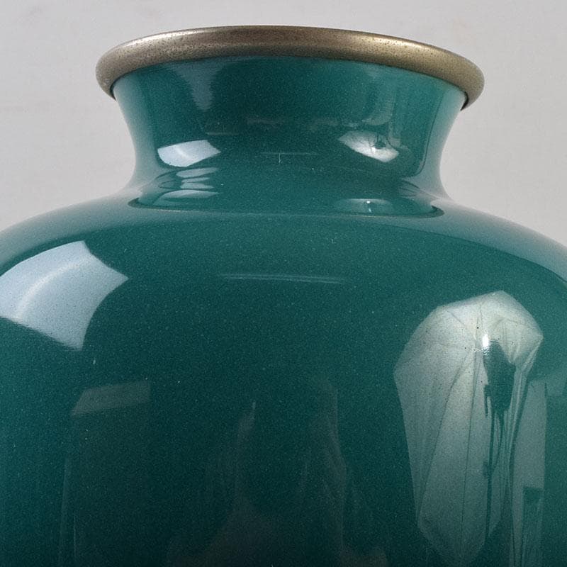 七宝焼　緑釉　花文　花瓶　共箱　V　R9334