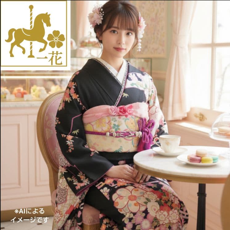 431.クロミちゃんみたいな振袖7点セット 正絹　フルセット　成人式