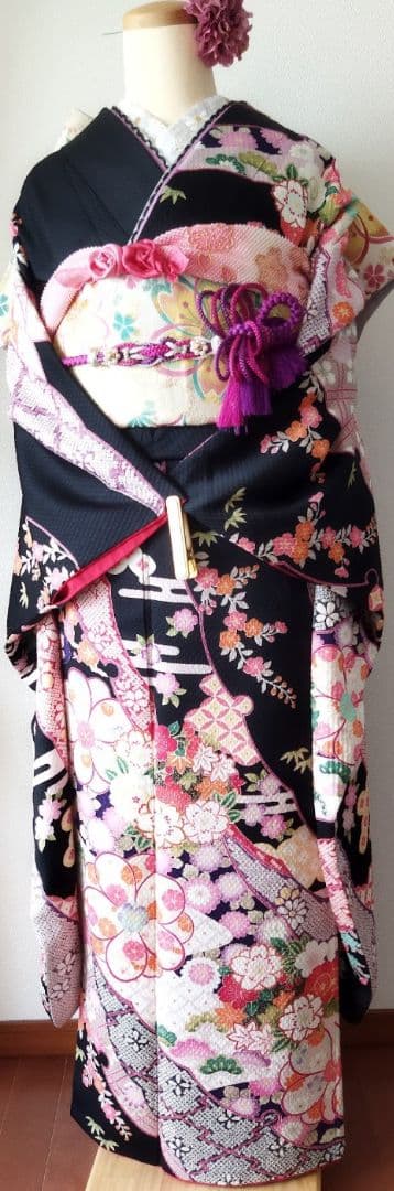 431.クロミちゃんみたいな振袖7点セット 正絹　フルセット　成人式