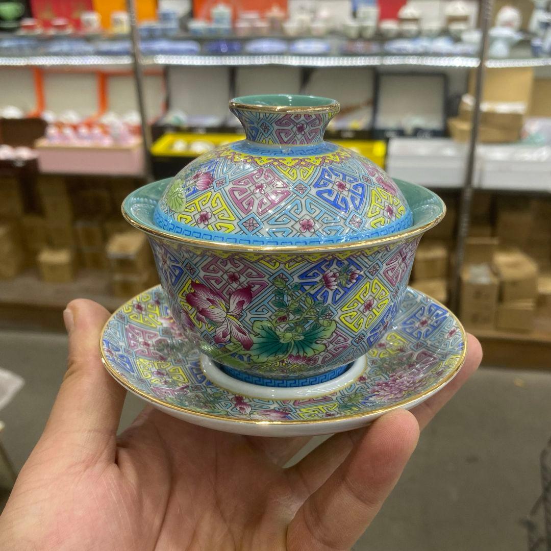 中国茶器 錦繡蓮花牡丹蓋碗 景徳镇 蓋付き茶器 飲茶食器 煎茶具 未使用品