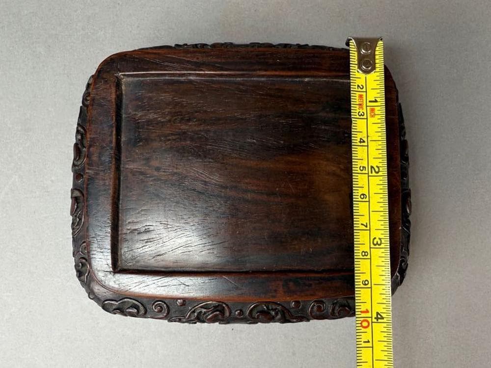 【木】　★ 竹木 紫檀彫扁六方形底座 ★　清朝期　如意雲足 細工彫刻　文房珍玩