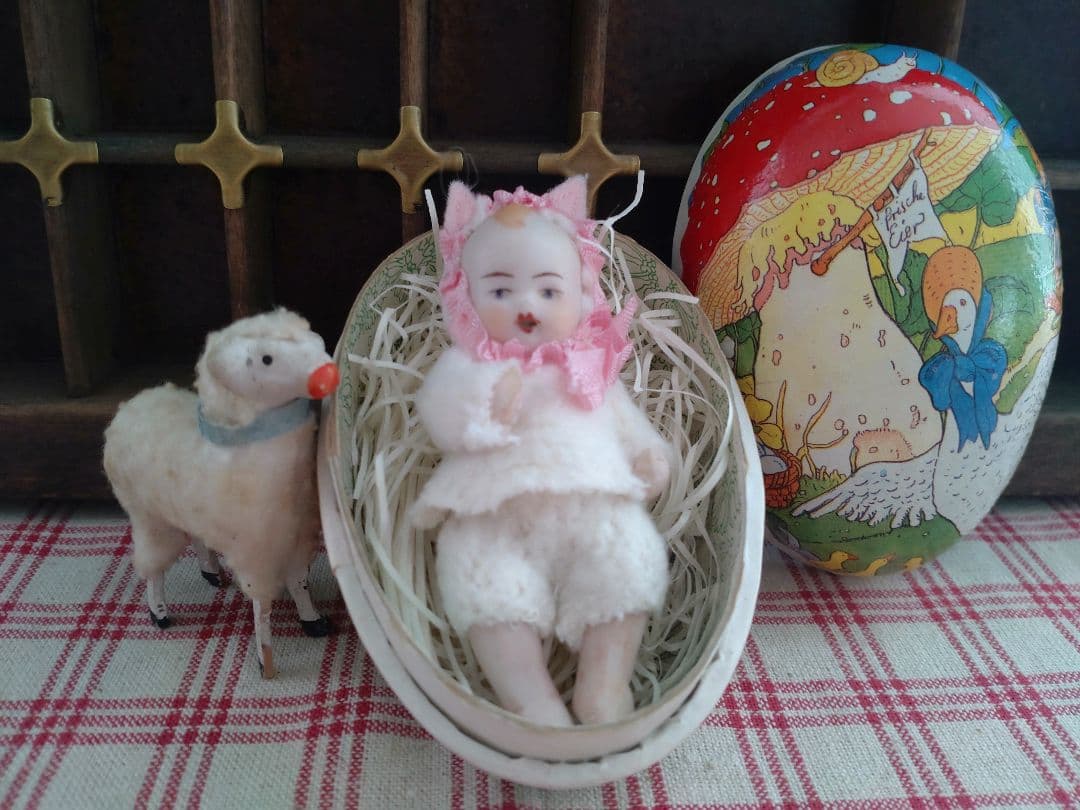 ドイツ　ベビー　ビスクドール　ミニョネット　ひつじ　たまご型BOX　イースター