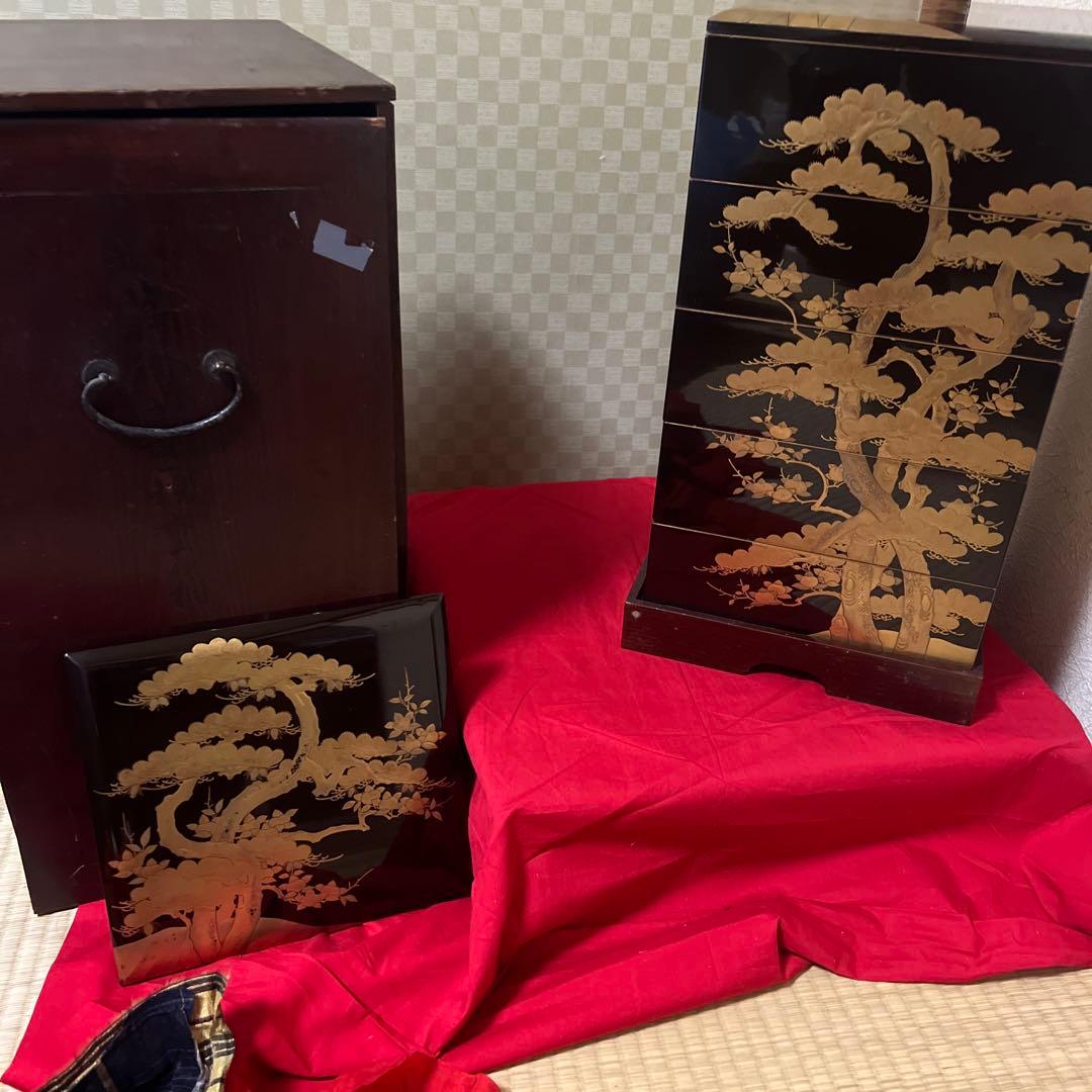 古美術　時代漆器 松蒔絵五段重箱 二枚蓋　箱付