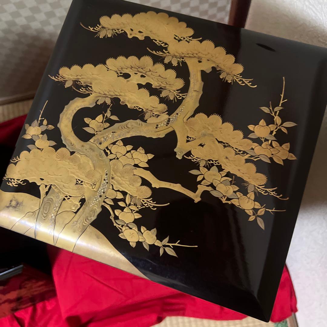 古美術　時代漆器 松蒔絵五段重箱 二枚蓋　箱付