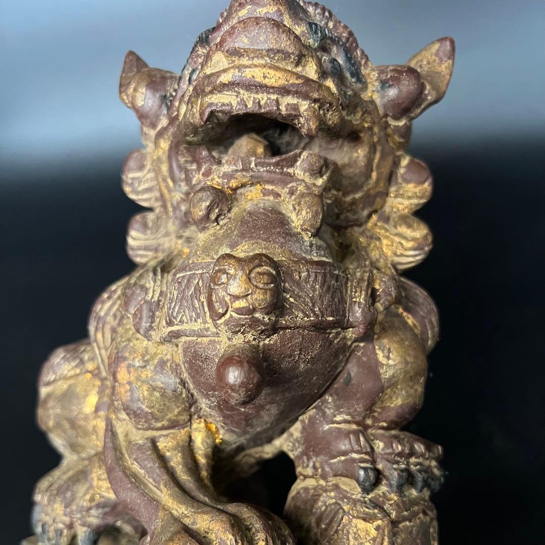 ◎古道具 庵々◎清朝中後期 木彫 守護獅子置物◎狛犬 唐物中国古美術 骨董古寺院