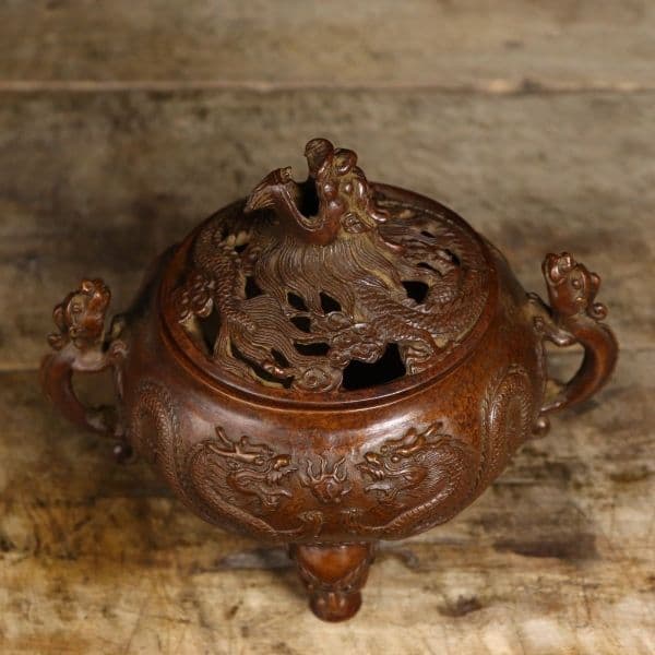 銅製 双竜獣足薫香炉 祥竜纏纏香炉 香道具 装飾品 工芸品 置物