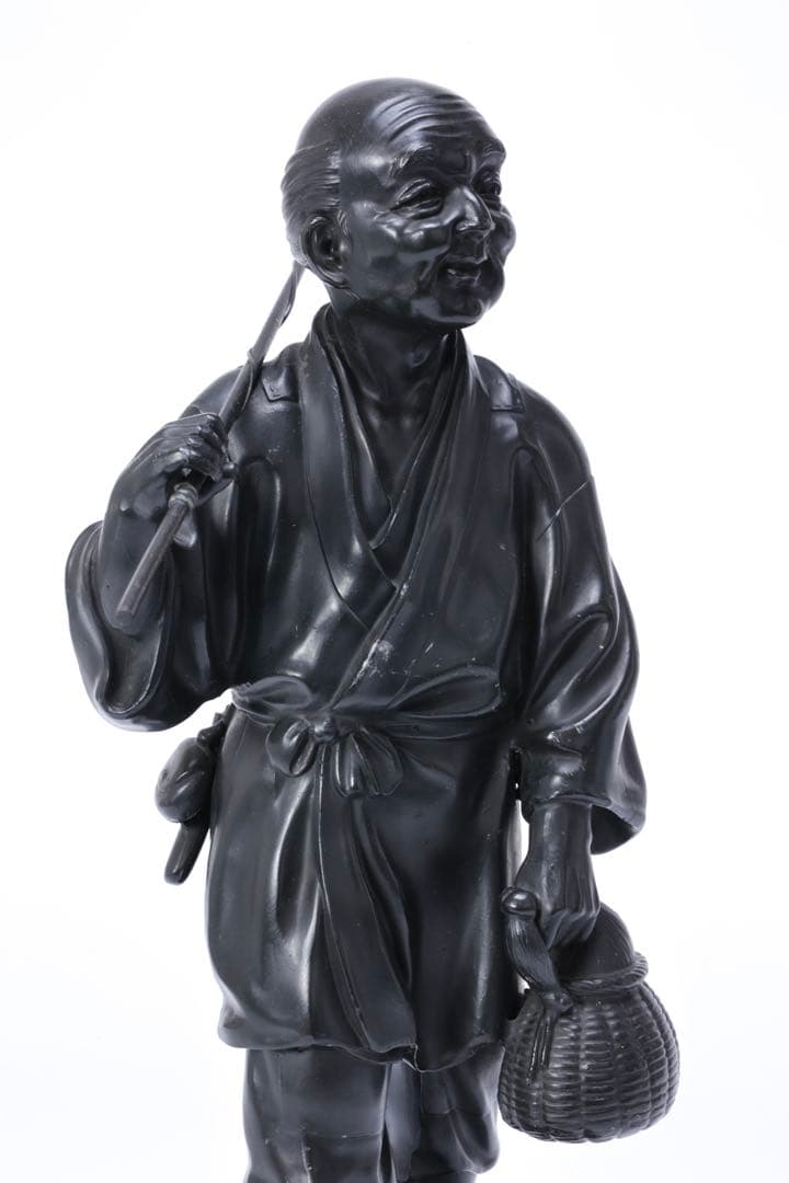 金属製 農夫像 魚籠 竹竿 裸足の老人 人物像 置物 ブロンズ調 彫像 骨董品