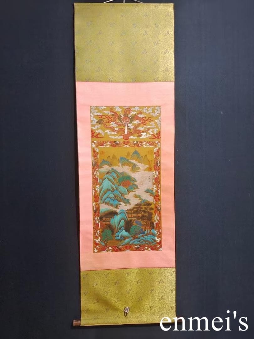 中国古美術・純手描き三尺中堂山水掛軸・水彩画・王原祁印款・書道品・絹本・一物一图