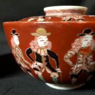 Mai【和 骨董】古伊万里 金襴手 ラッタン人阿蘭陀船の図 蓋茶碗 和蘭陀