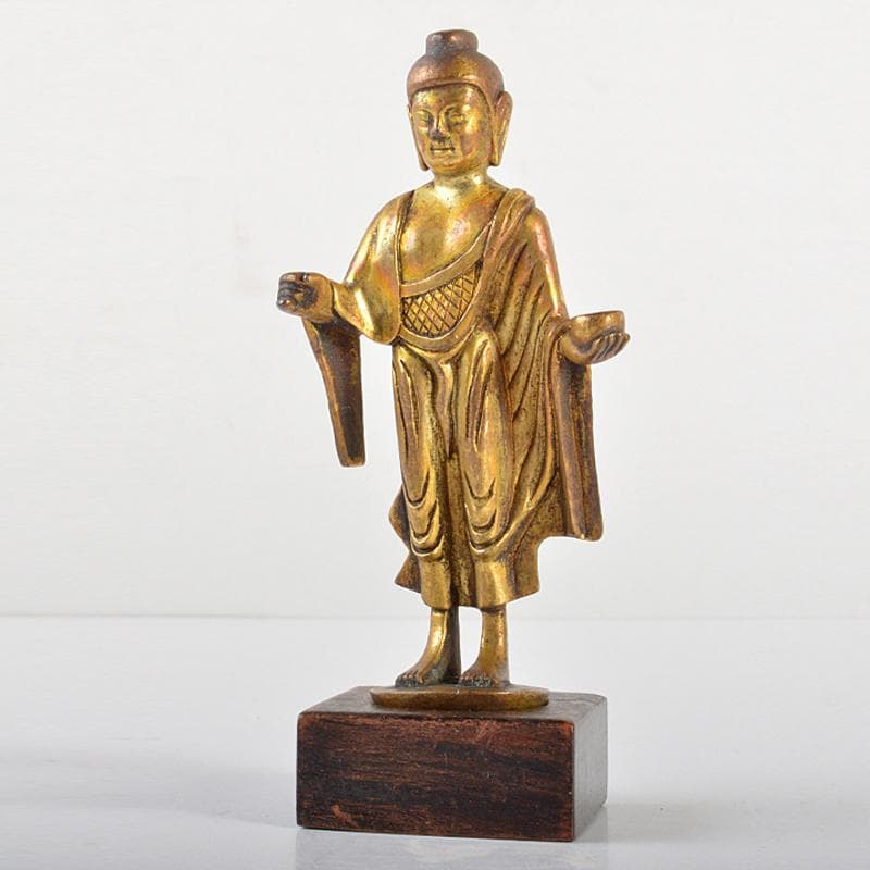 仏教美術　古銅鍍金　仏像　置物　唐木台付　F　R6704