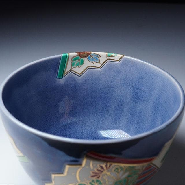 中村翠嵐　紺紫交趾扇面茶碗　共箱　茶道具　抹茶碗　京焼