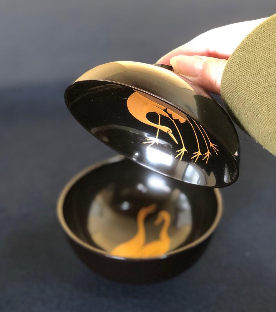 《レ》黒塗 鶴松蒔絵 吸物椀10客 木製漆器 木箱　251117え2