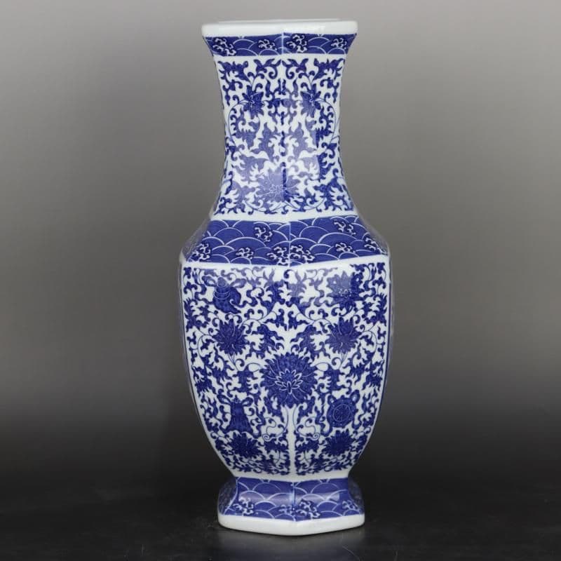 青花海水竜紋六方瓶  装飾品 工芸品 美術品 置物