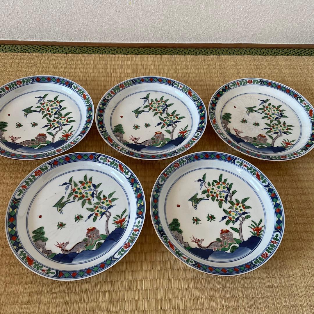 五彩猿鹿蜂文七寸皿　5客　大明成化年製