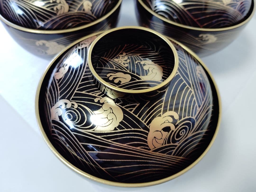 お正月　会津塗　坂本乙造　金彩蒔絵青海波　本漆仕上　蓋付お吸い物椀　雑煮椀　5客