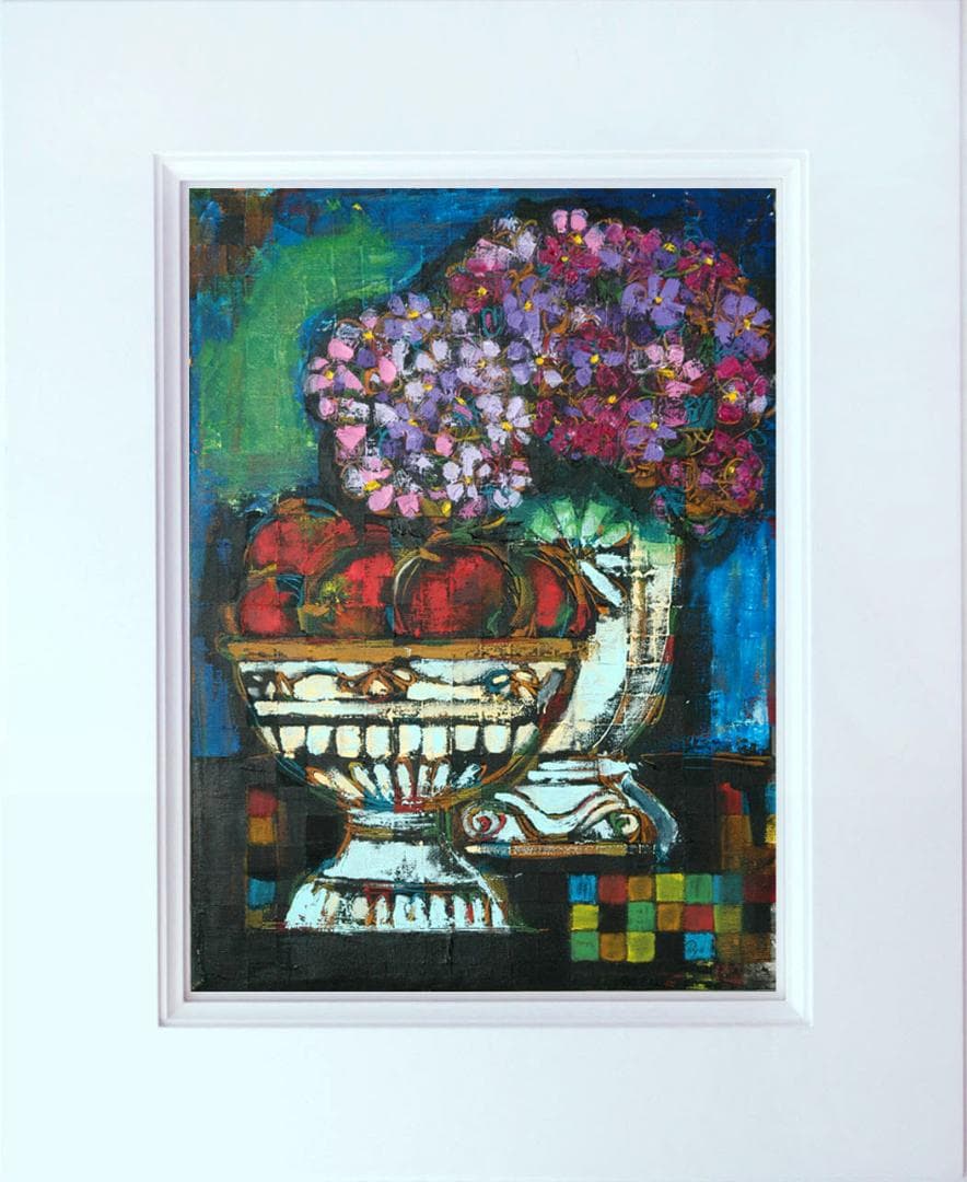 油絵 菅家令子 絵 絵画インテリア額付(白) uF6-063504 静物花果物器