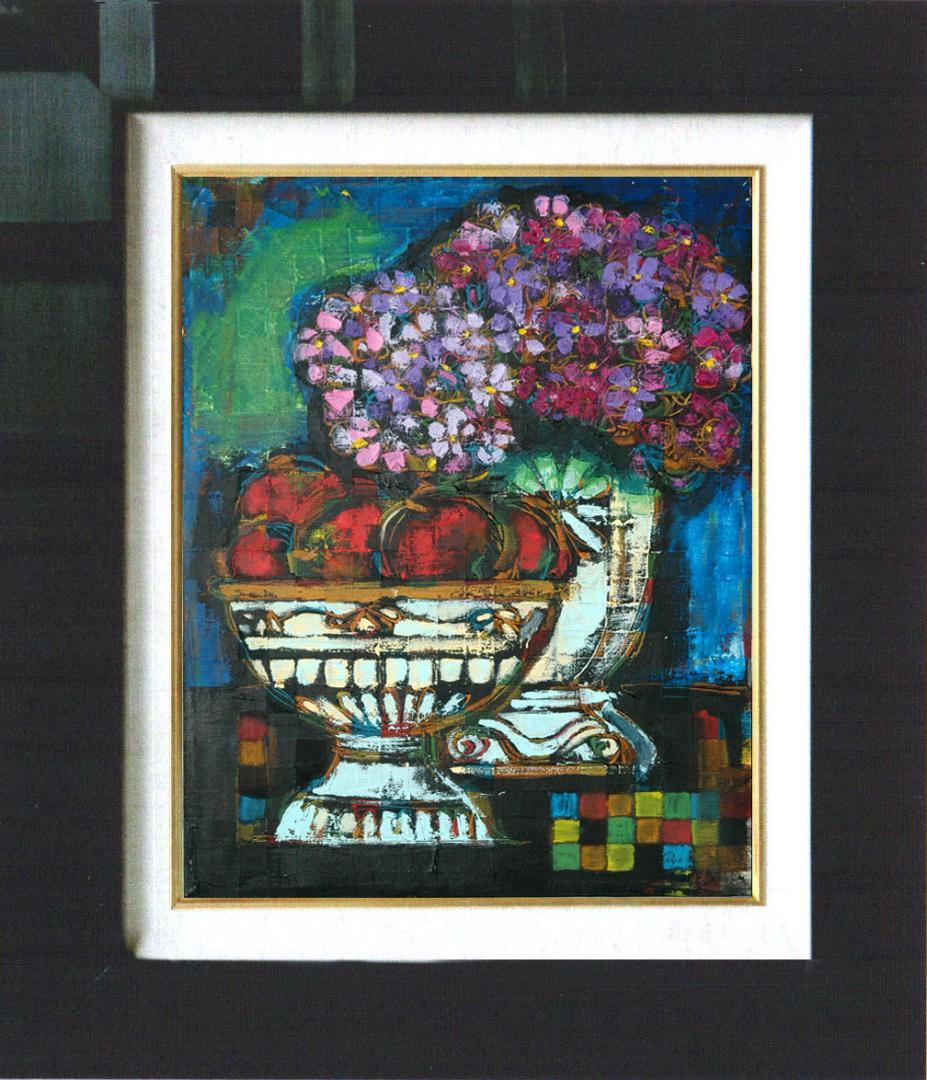 油絵 菅家令子 絵 絵画インテリア額付(白) uF6-063504 静物花果物器