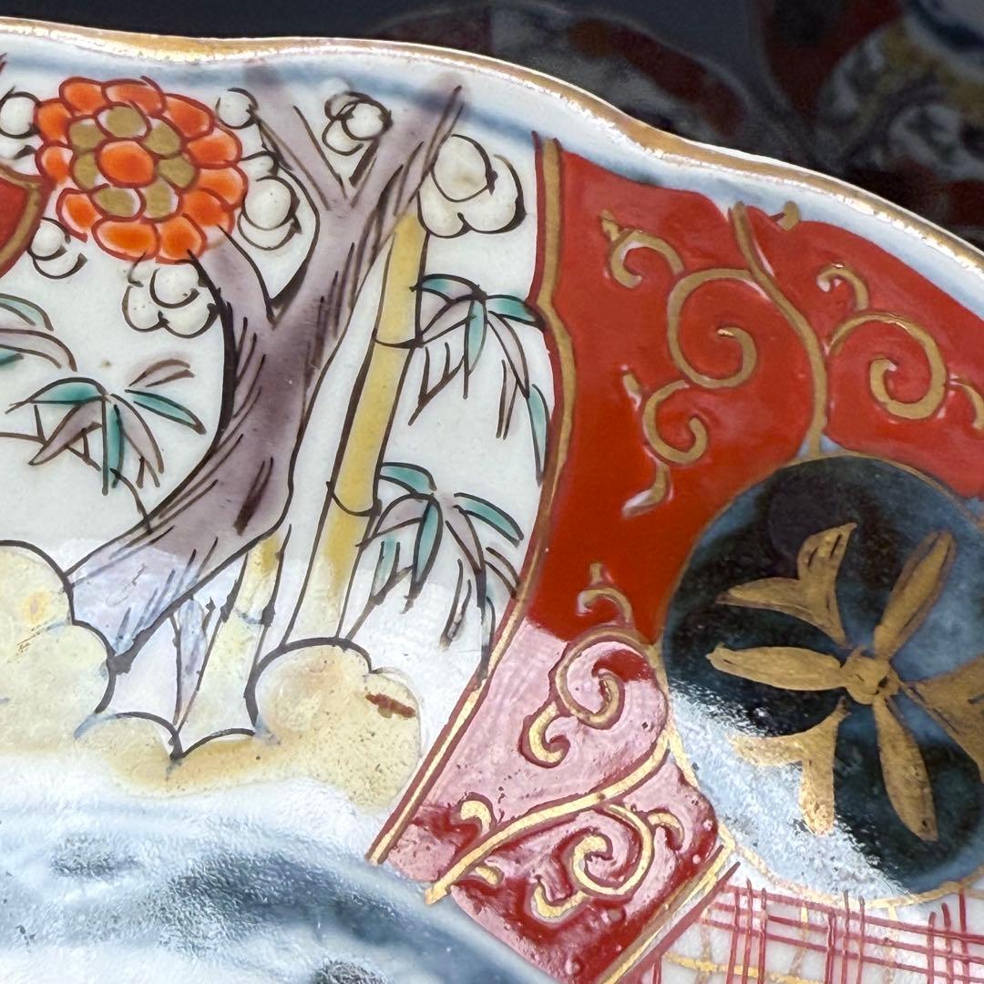 江戸中期〜後期　古伊万里　色絵柘榴文菊花形　なます皿　5枚　裏七宝結文　上物