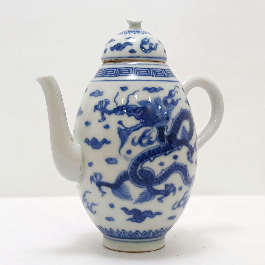 Y2466 清代唐物 新渡 古染付龍細密絵付急須 水注 萬歴年製　ma ten