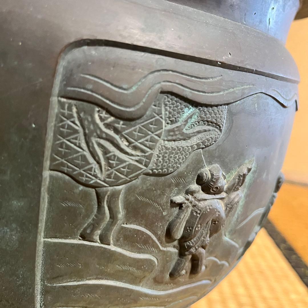 青銅　火鉢　持ち手に亀の装飾