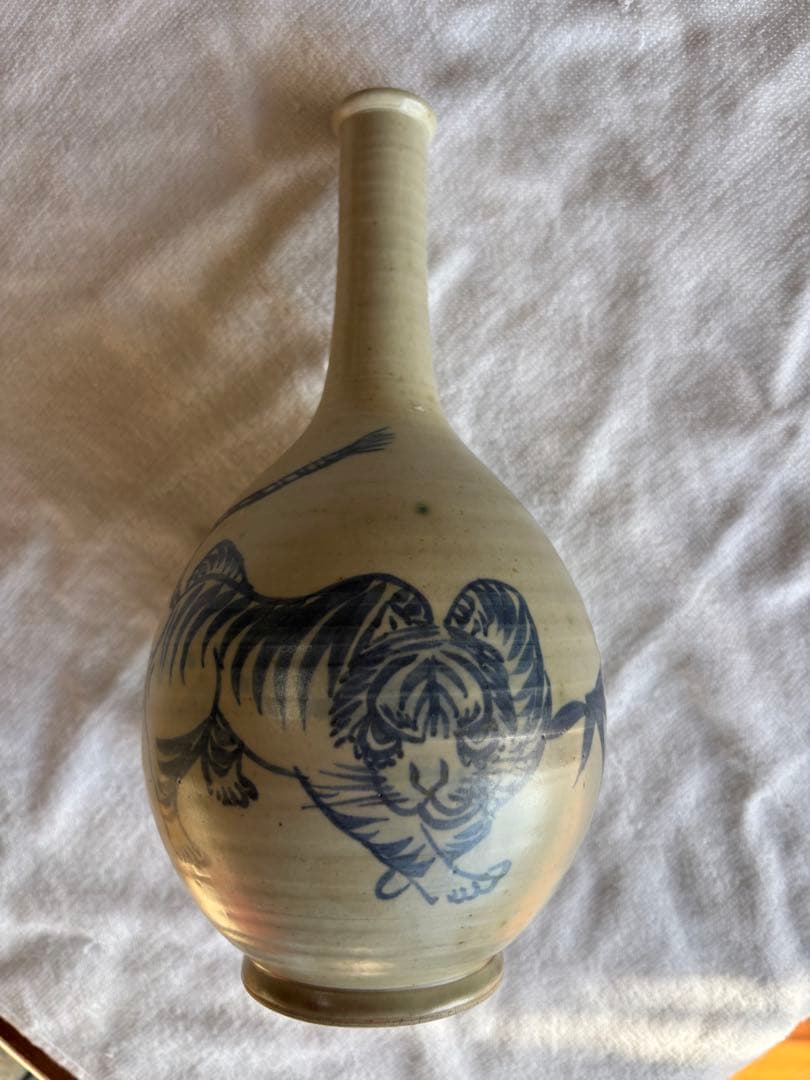 古伊万里　古染付 竹虎図 鶴首徳利　 花器 一輪挿し 時代物