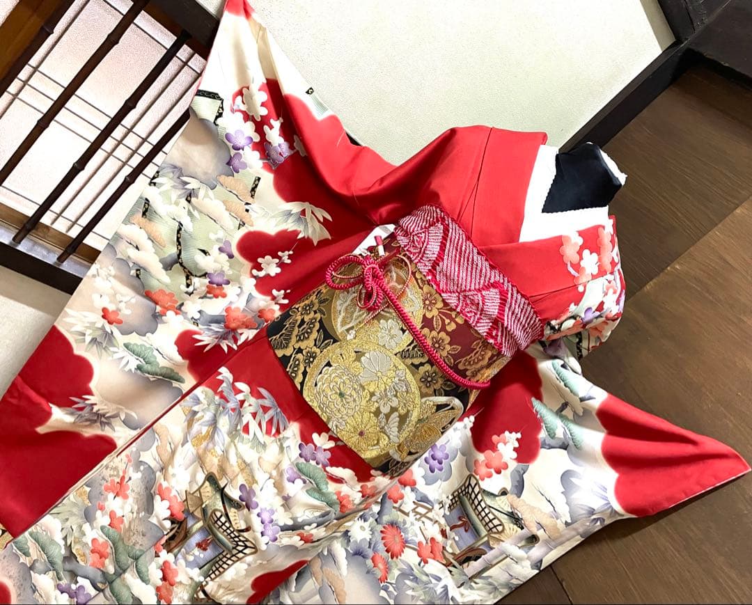 振袖フルセット6点サイズM〜Ｌサイズ御所車花文　松竹梅　暈し染め　金彩　正絹