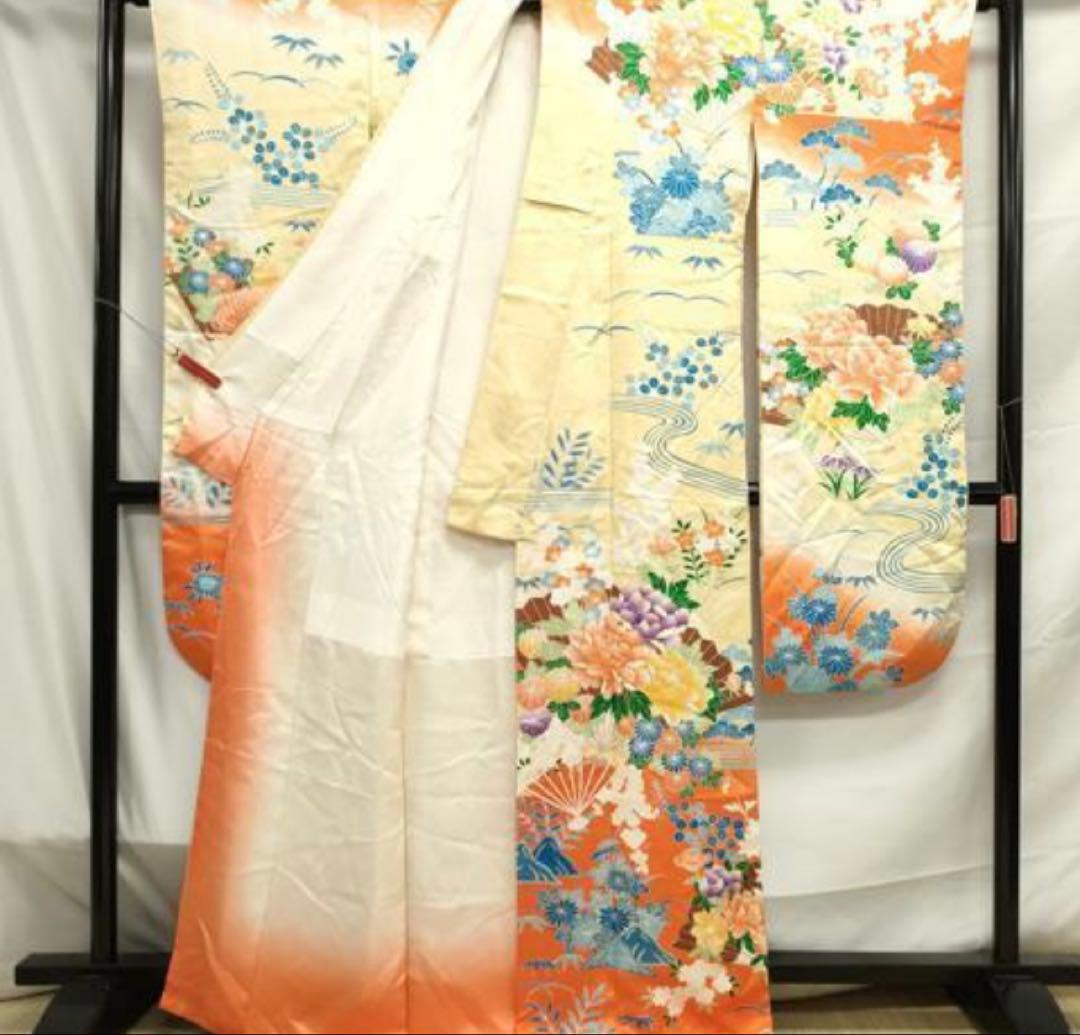 振袖 フルセット6点サイズM〜Ｌ 駒刺繍　扇面草花文　暈し染め　正絹