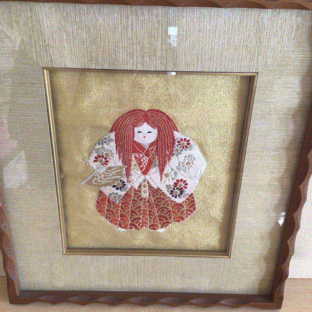 [美品]額入り袱紗　子供獅子　金糸入り袱紗　額嵌め込め作り　アンティーク品