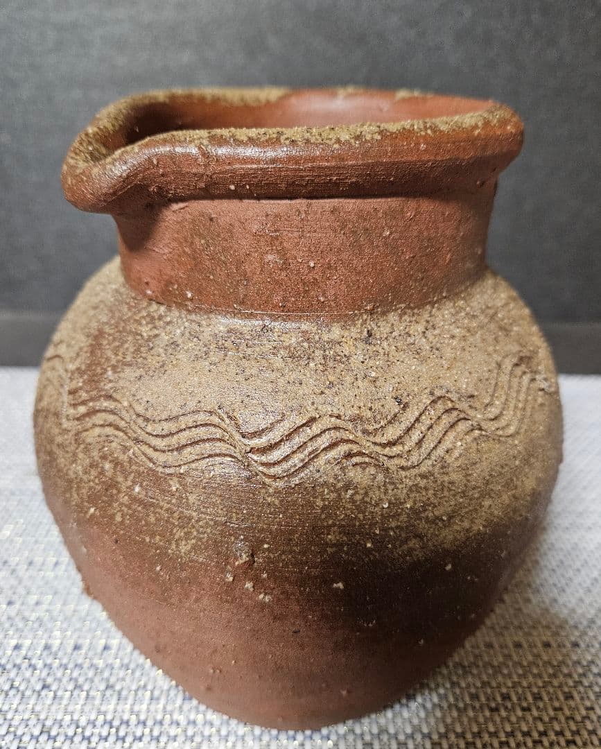 【時代古作品❗】明治時代頃　古備前　波状文様　片口壺　花入れ　花生け　茶道具