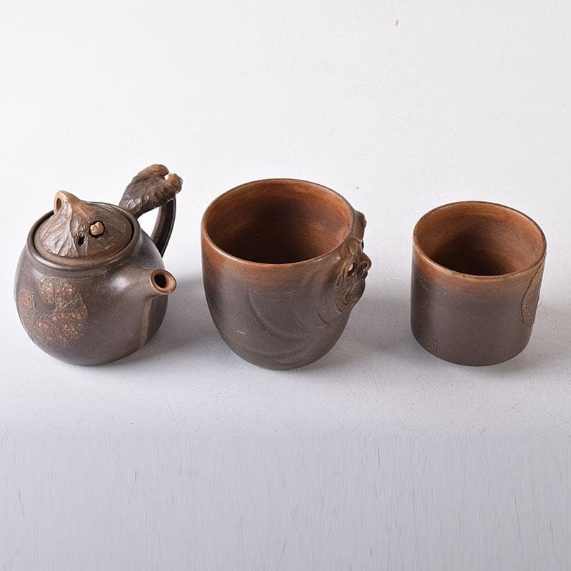 煎茶道具　秋田焼　奥田道遊造　からくり　蛙急須　だるま湯呑　3点　M　7679
