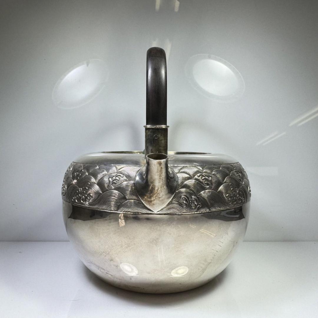 純銀製 東山造 紋波 湯沸 貴石摘 木取手 煎茶道具 古美術品 銀瓶 純銀保証