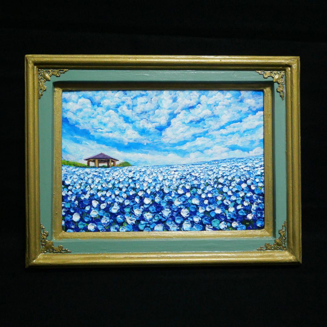 油絵 油彩 油彩画 絵 絵画【青空と雲のネモフィラ】