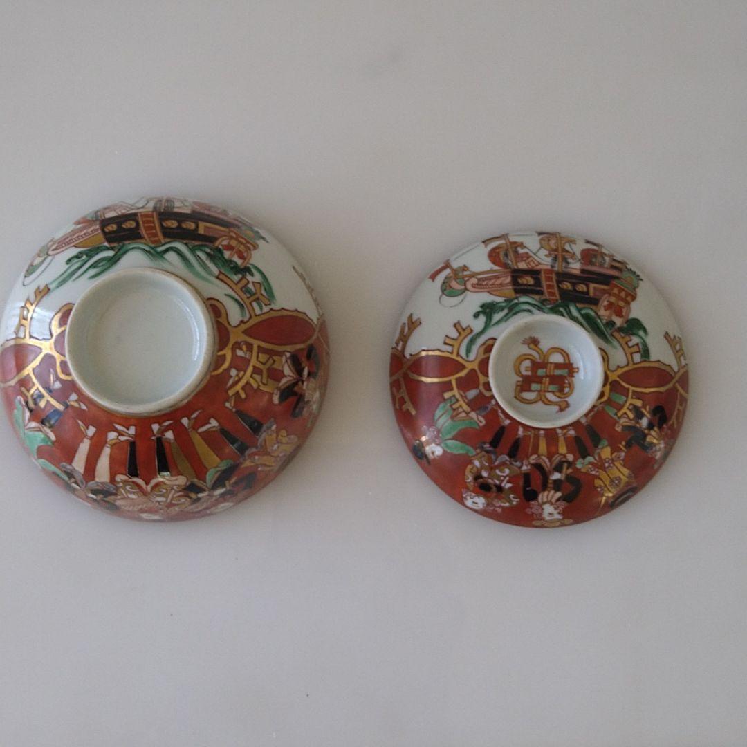 NO.14伊萬里色絵蘭人蘭船図蓋付茶碗五客