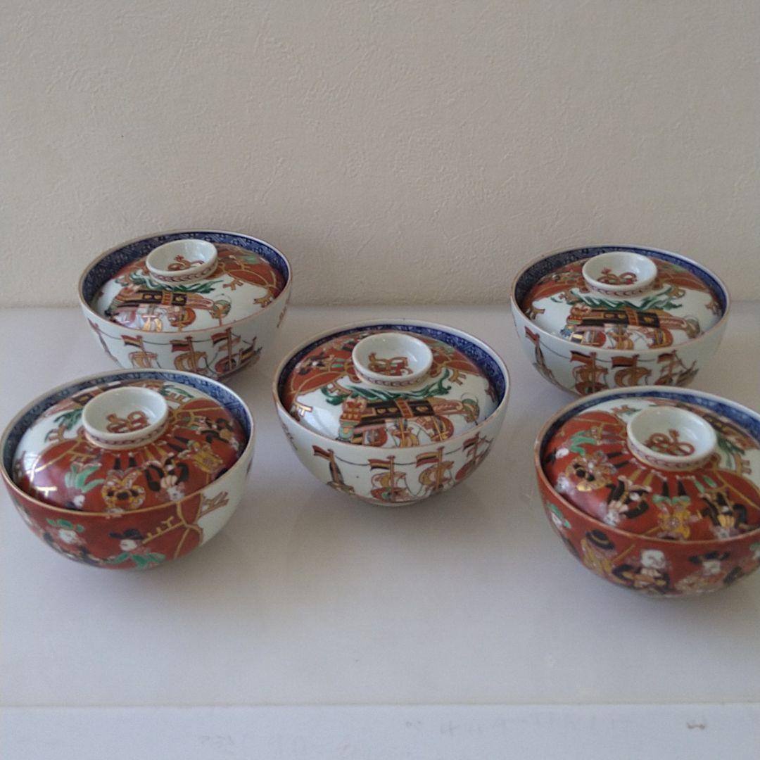 NO.14伊萬里色絵蘭人蘭船図蓋付茶碗五客