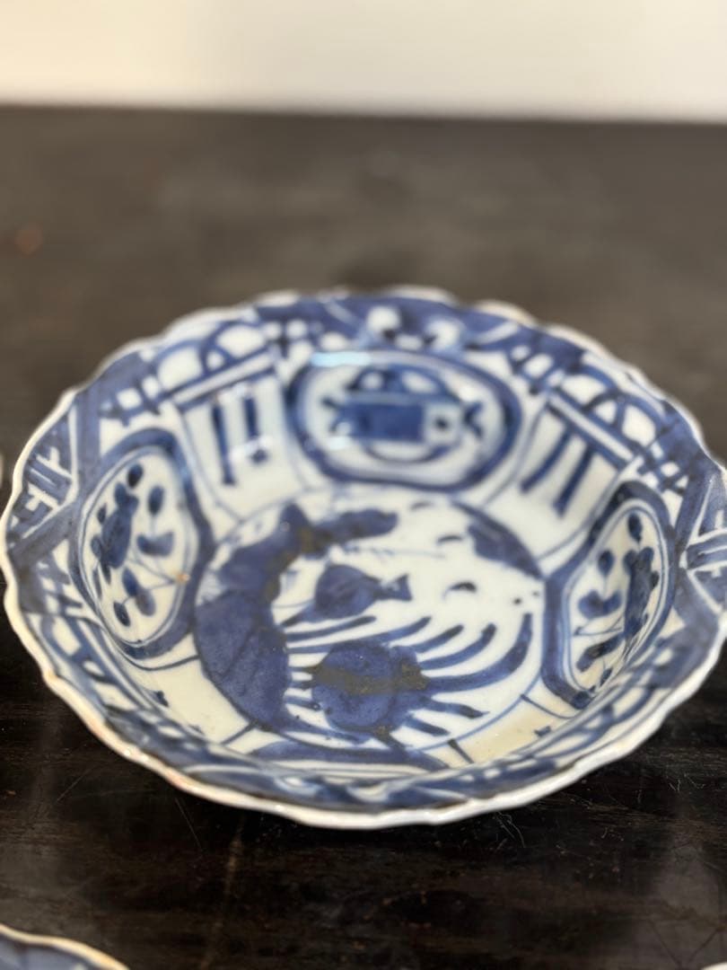 染付芙蓉手獣面図 小皿 モンスターマスク 縁起物 古伊万里 三田焼 5客揃