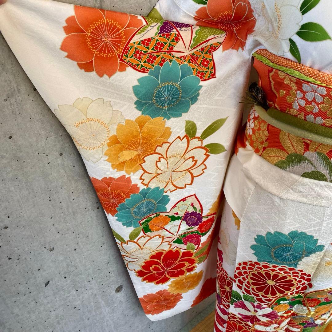 【着物+帯】正絹　振袖　白系　金駒　ガード　袷