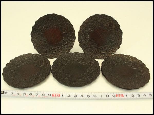 紫檀 刻 雲鶴皿 五客 細密彫刻(A758)