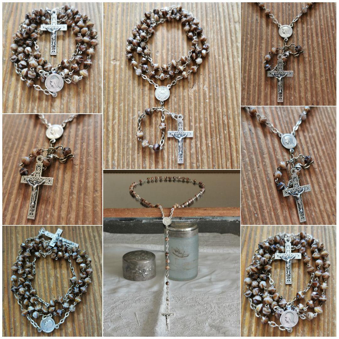 アンティーク ベルギーイタリア ブラウンマーブルガラス マリアとイエスのロザリオ