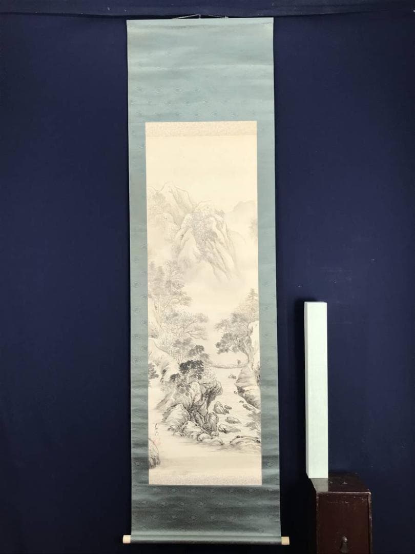 【真作】素門/雪渓帰樵図/山水人物図/掛軸/名家伝来/AB-782