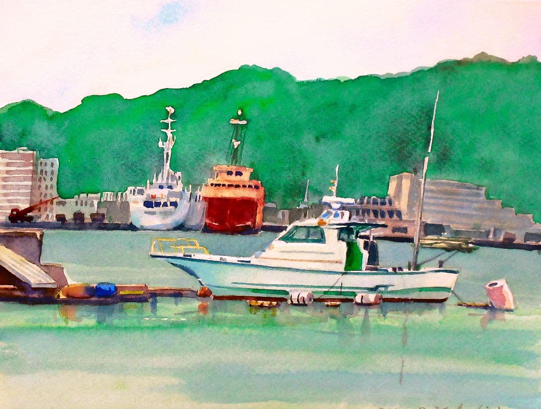 港の風景 水彩画 木製フレーム 額装済み F6号